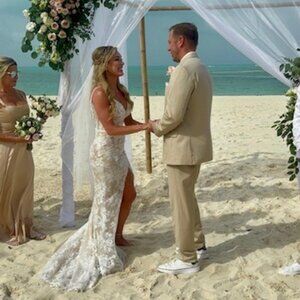 Galina Signature Corset Bodice Beaded Lace Sheath Wedding Dress Ivory/Bisque - 4